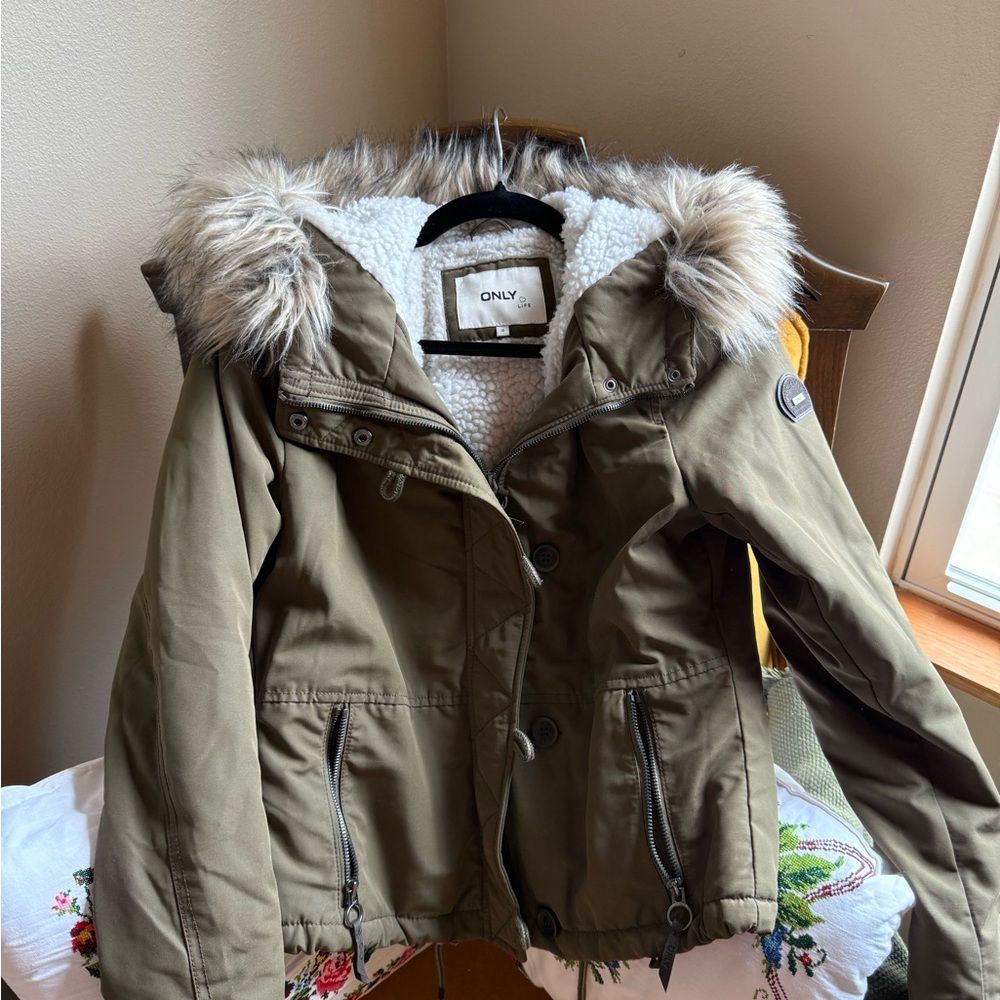 ONLY Olive Utility Jacket with Faux Fur Trim